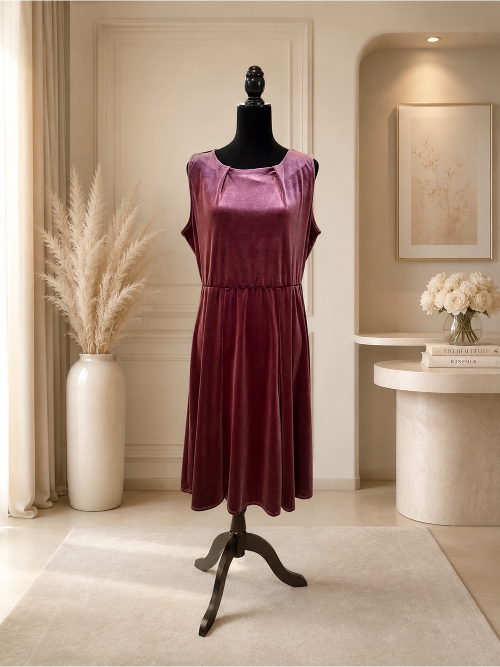 Sleeveless Velvet A-Line Dress in Plum - Women's Dress